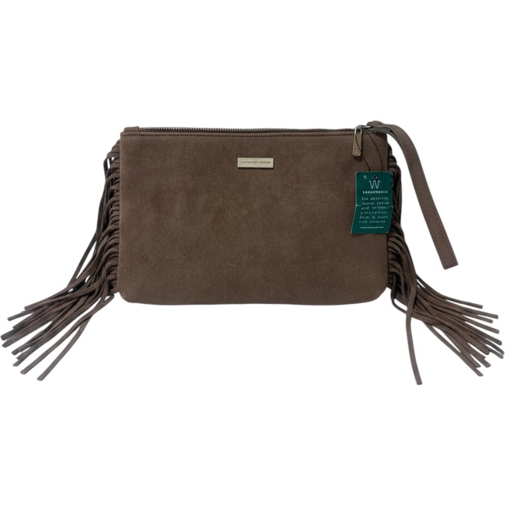 Sarah World Brown Suede Fringe Wristlet Sustainable Clutch Bag Bohemian Earthy